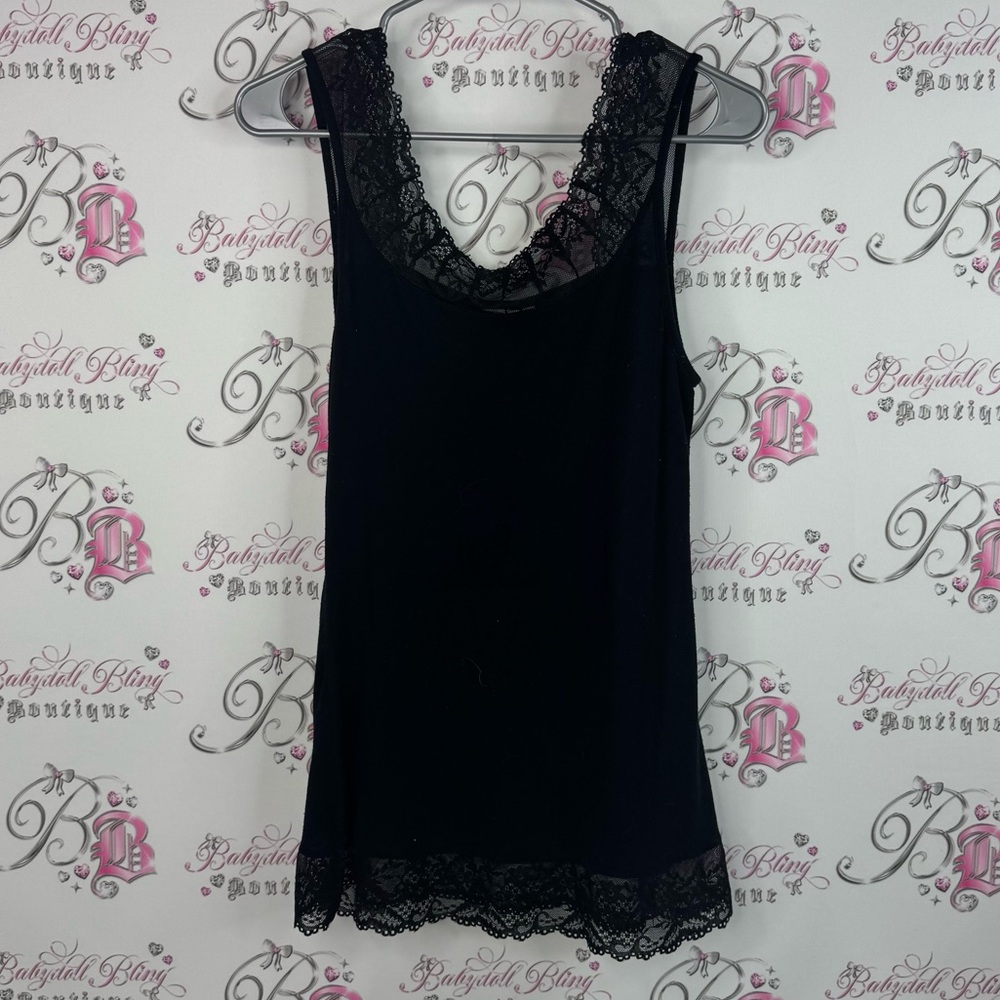 Cream tank top Lacie classic comfy stretchy Black Lace Trim Chemise